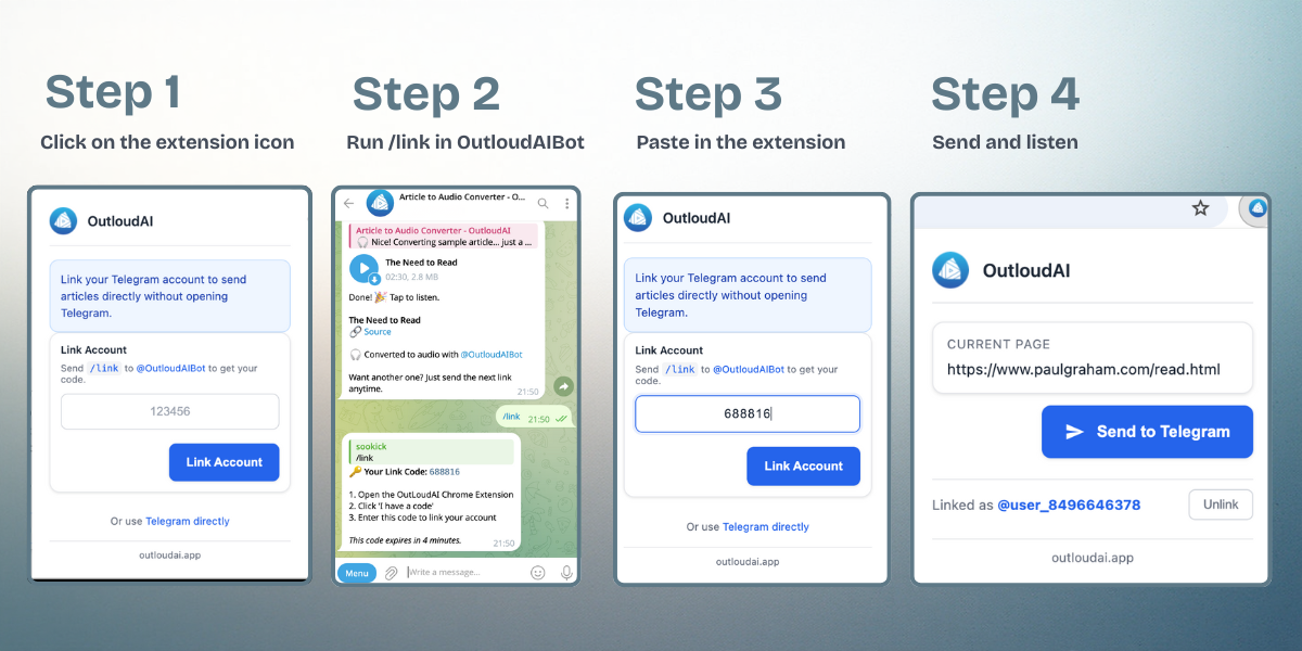 Steps to link OutloudAI Chrome extension to the Telegram bot