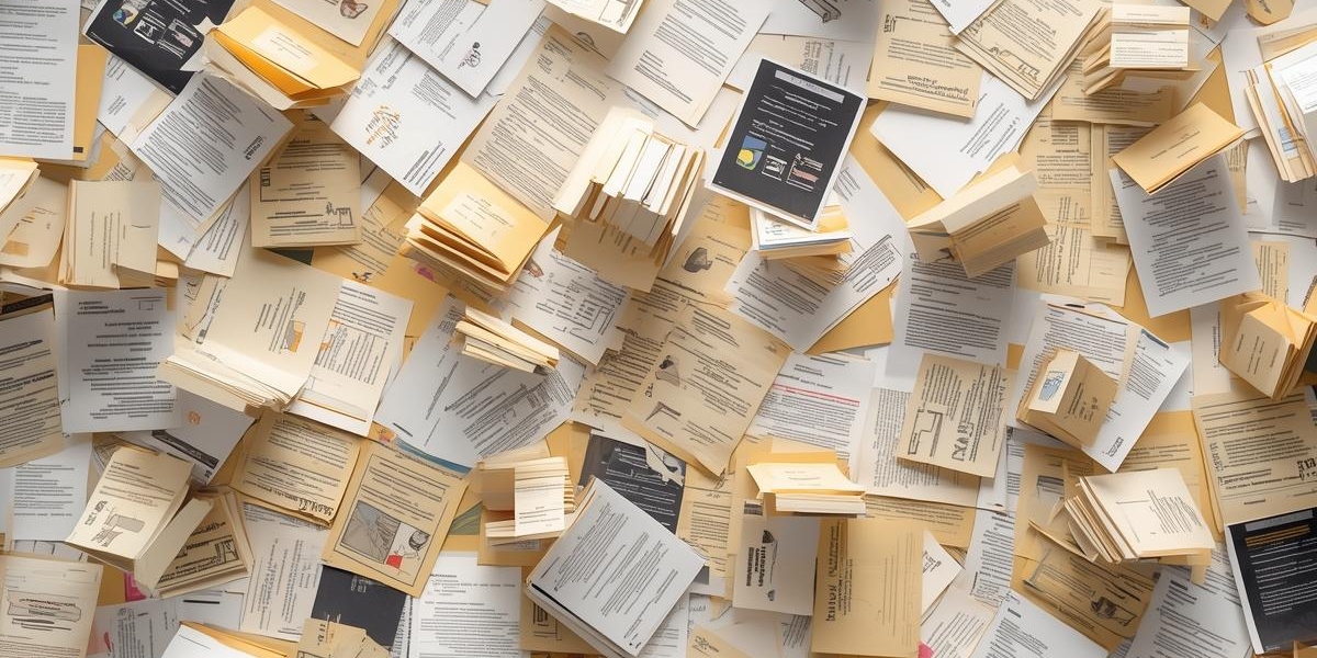 Stack of documents and research papers on desk